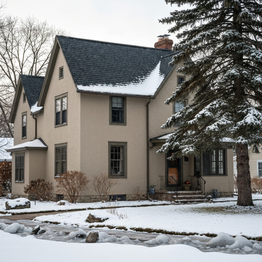 Subtle storm-related siding and gutter damage on a residential home