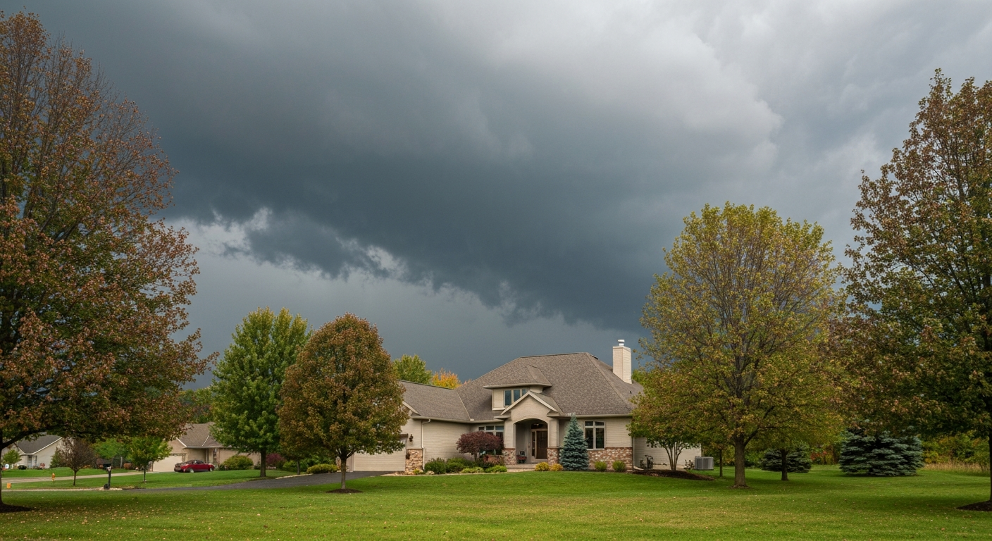 A large two-story suburban Minnesota home on an overcast stormy day