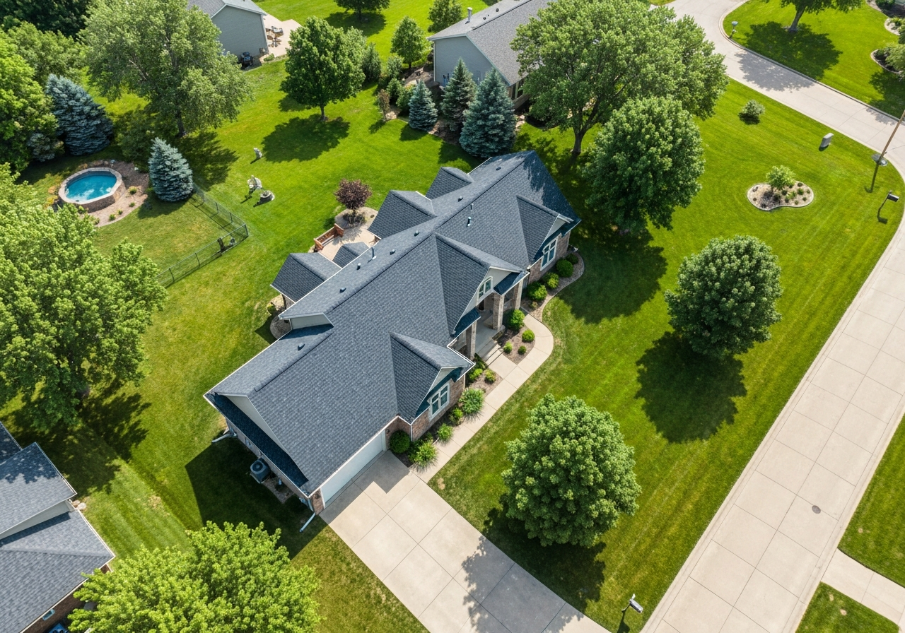 Aerial view of a large suburban Minnesota home with a brand new dark charcoal architectural shingle roof