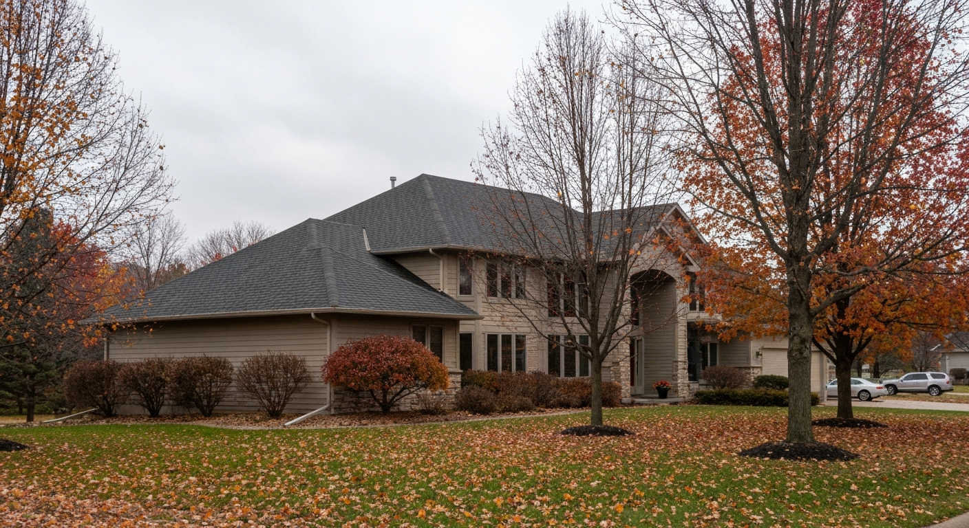 A large suburban Minnesota two-story home in late autumn