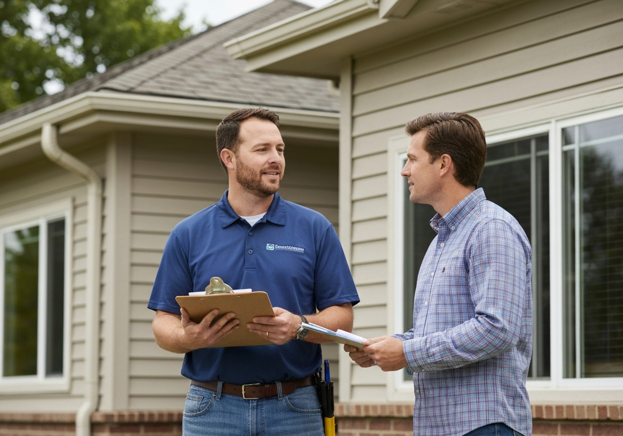 CM Roofing professional discussing inspection findings with homeowners outside their home