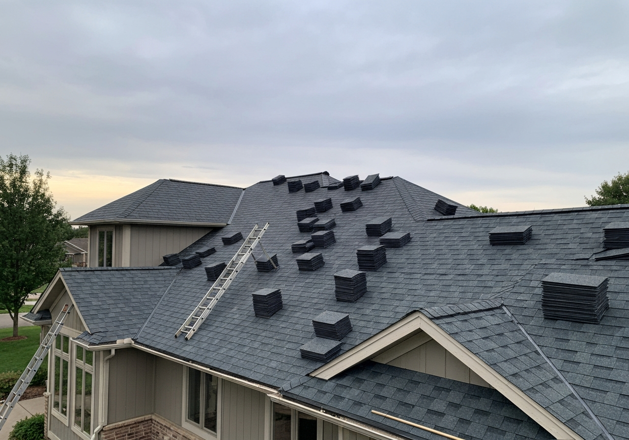 New asphalt shingle roof installation in progress on a large suburban Minnesota home