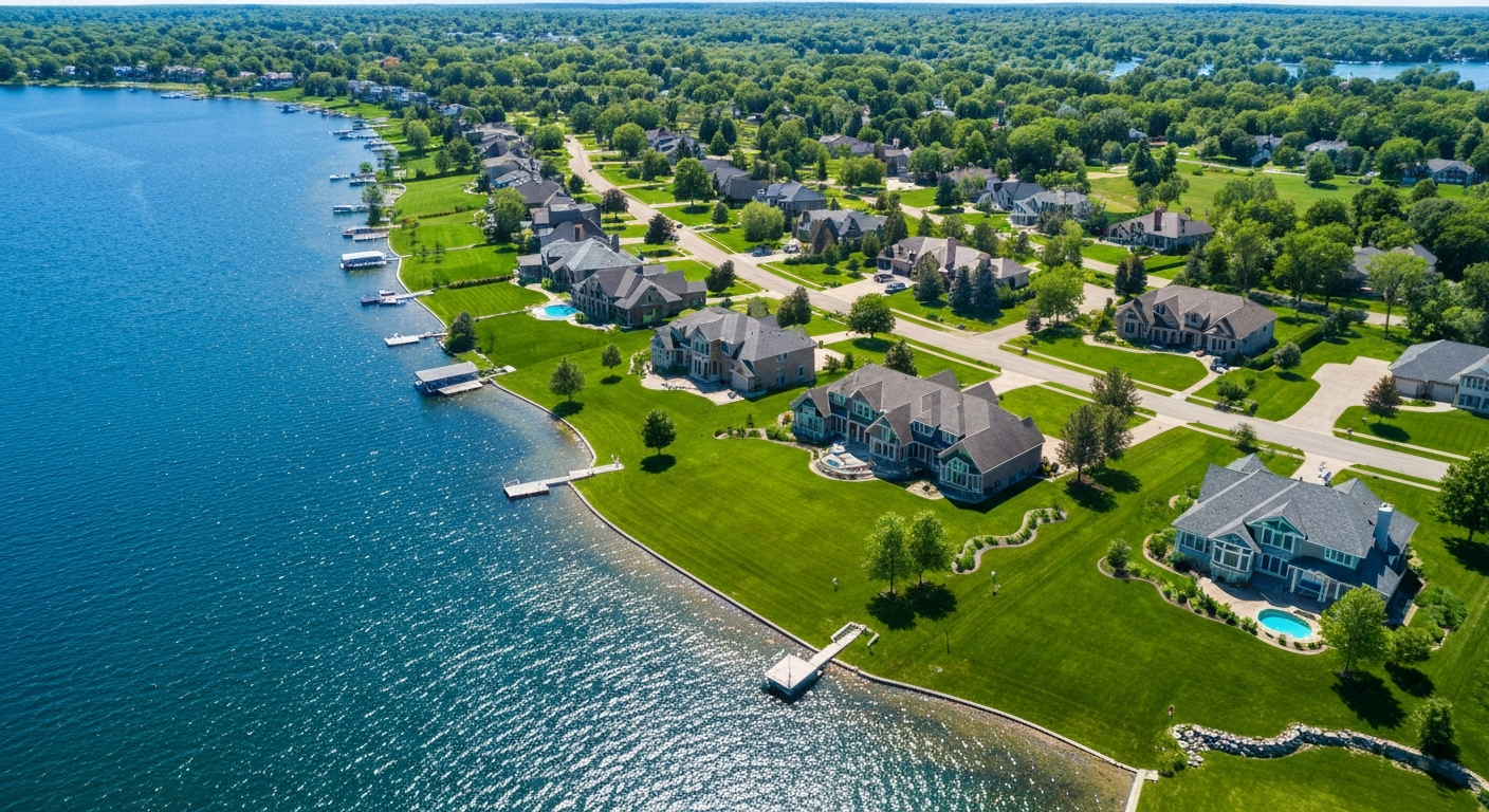 Aerial view of lakeside residential neighborhood