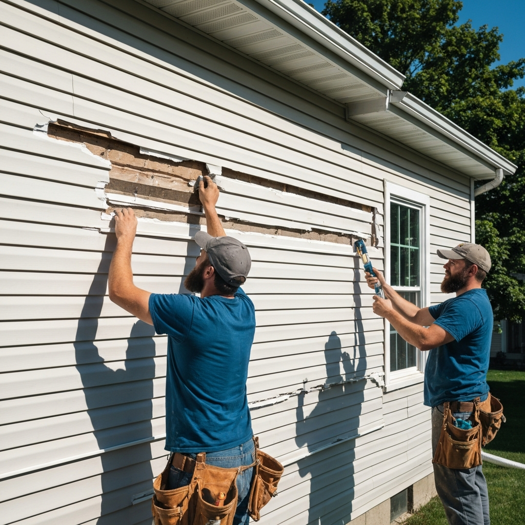 Professional siding repair and replacement work in progress on a residential home