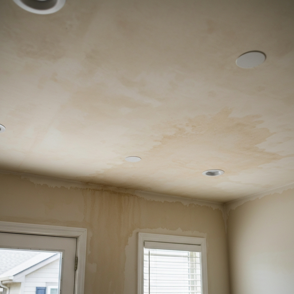 Ceiling water stains and interior signs of roof leaks