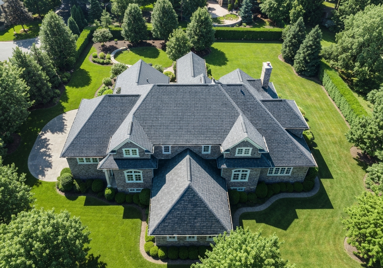 Aerial view of premium roof installation in Burnsville, MN
