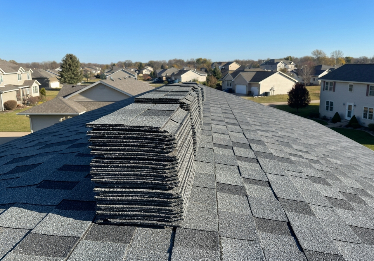 Bundle of new asphalt shingles stacked on a suburban Minnesota home roof ready for installation