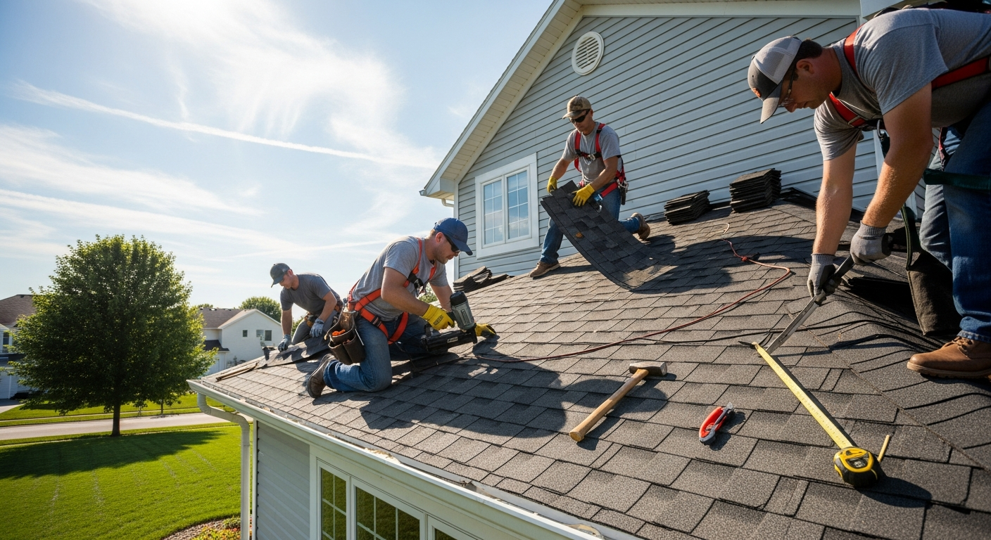 Professional roofing crew actively working on a residential roof in clear daylight
