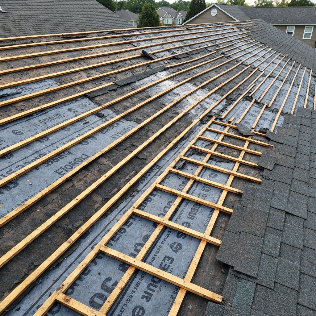 Exposed roof decking showing hidden moisture damage and underlayment issues