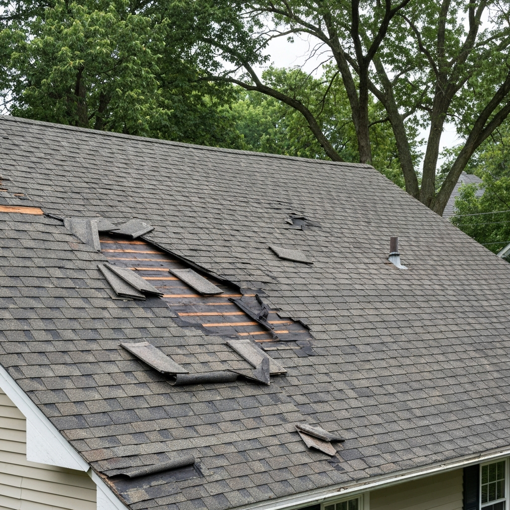 Missing and lifted shingles on a residential roof