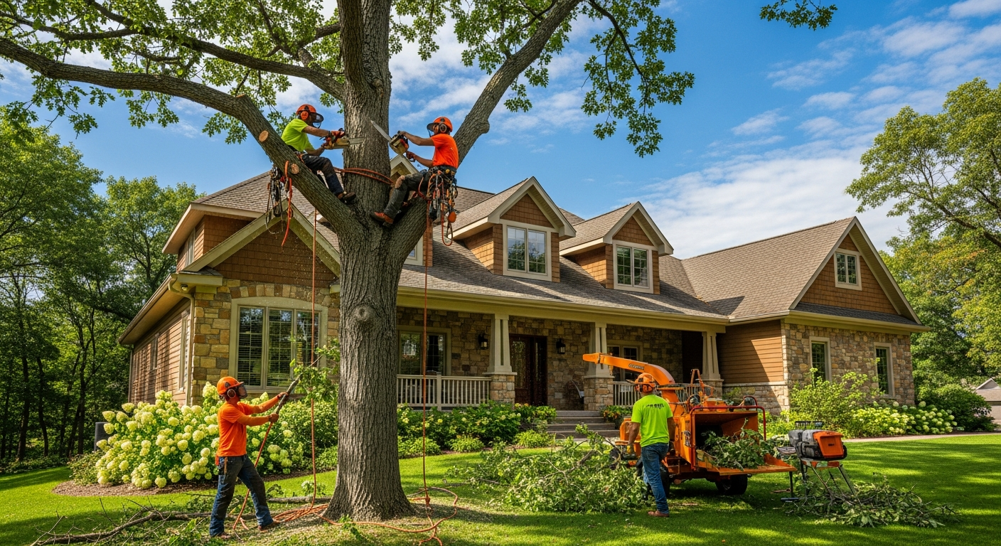 Professional tree removal crew working near a beautiful Minnesota style residential home