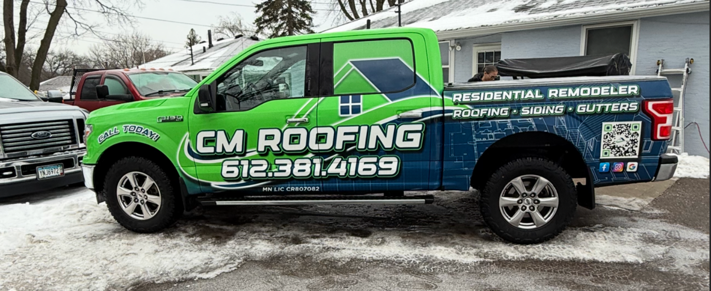 CM Roofing LLC work truck in a Minnesota neighborhood