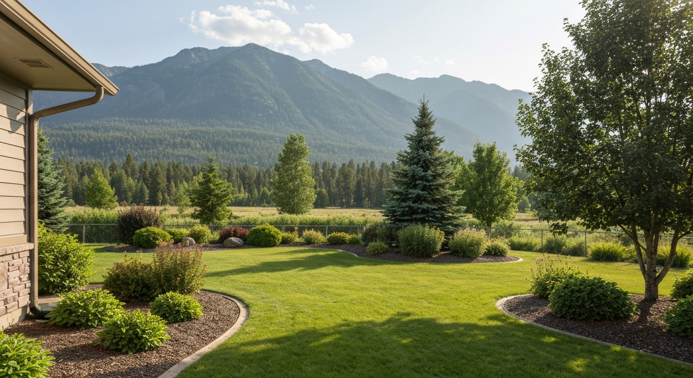 Columbia Falls home yard with mountain backdrop, Glacier gateway setting, practical landscaping with clean lawn and planting beds