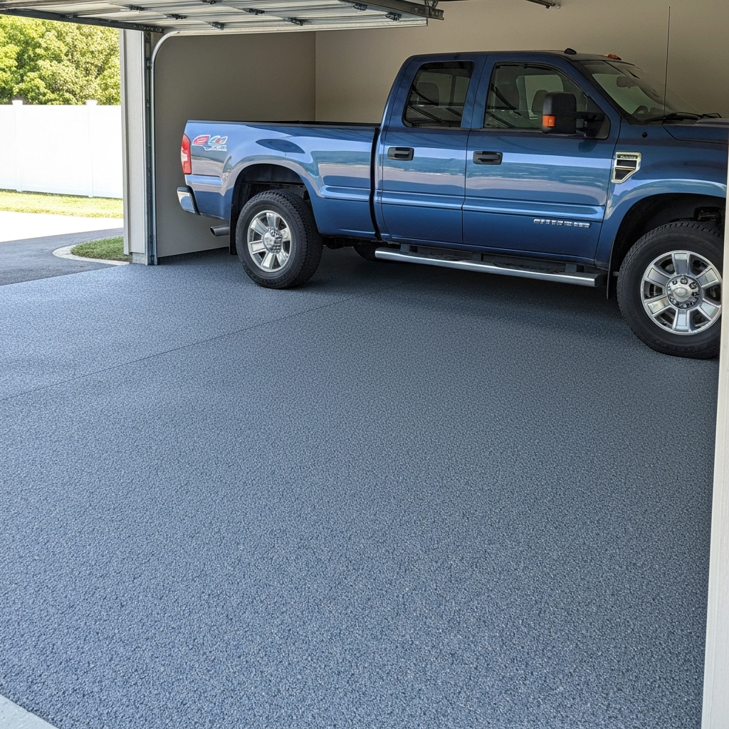 Residential garage floor with flake coating, truck parked