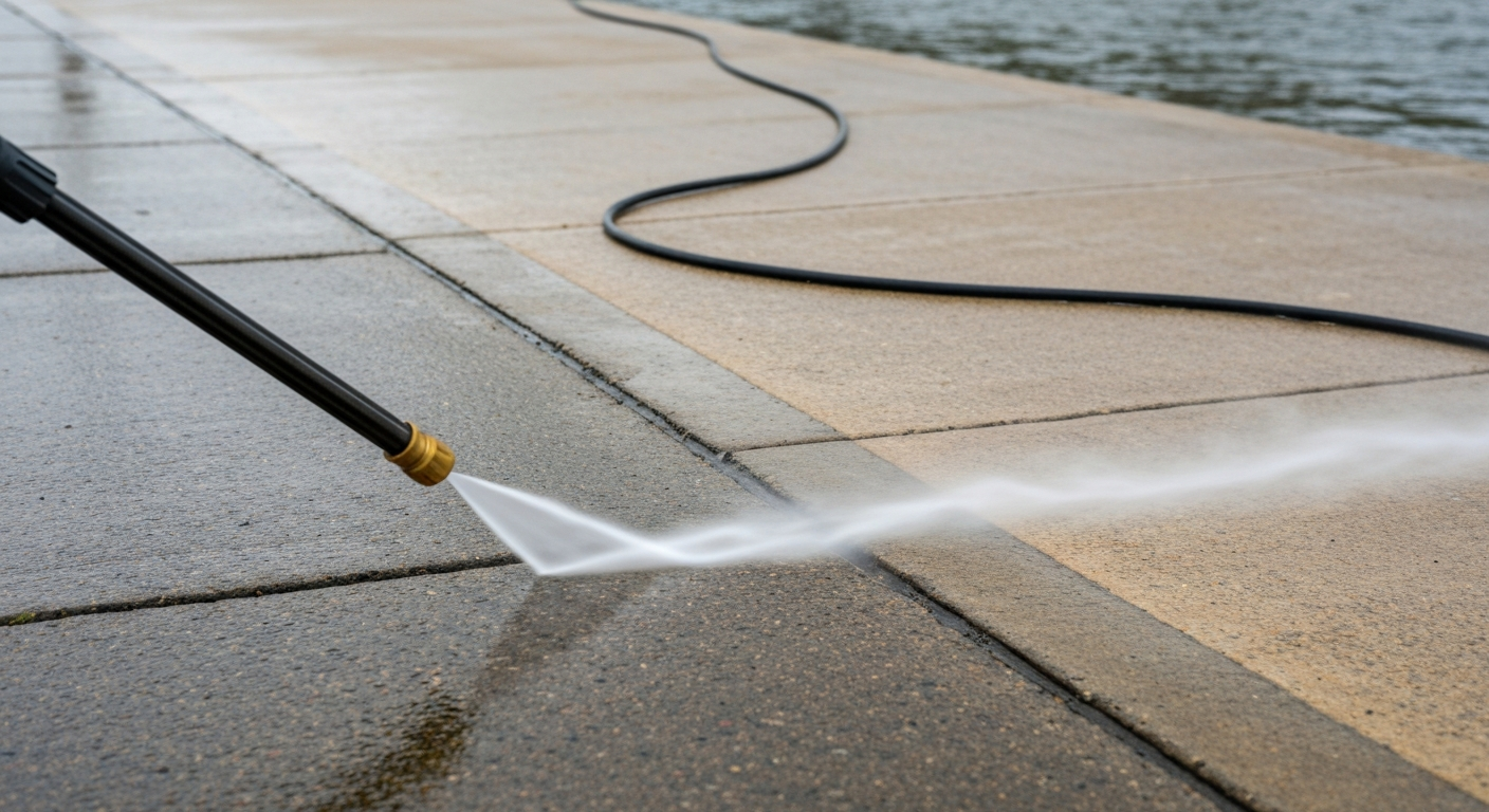 Pressure washer cleaning river-grime off a walk