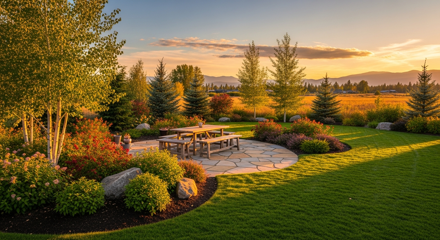 Golden-hour finished Flathead Valley backyard with beautiful landscaping