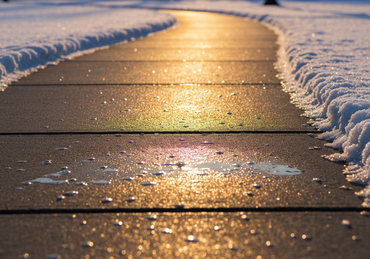 Snow-dusted concrete walkway shedding meltwater in beads