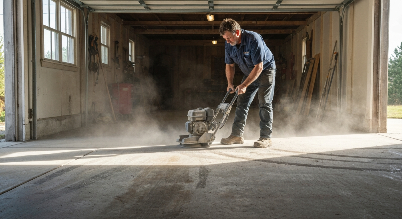 Technician using a surface-profile grinder or floor prep machine on a concrete garage floor or driveway slab in Northwest Montana