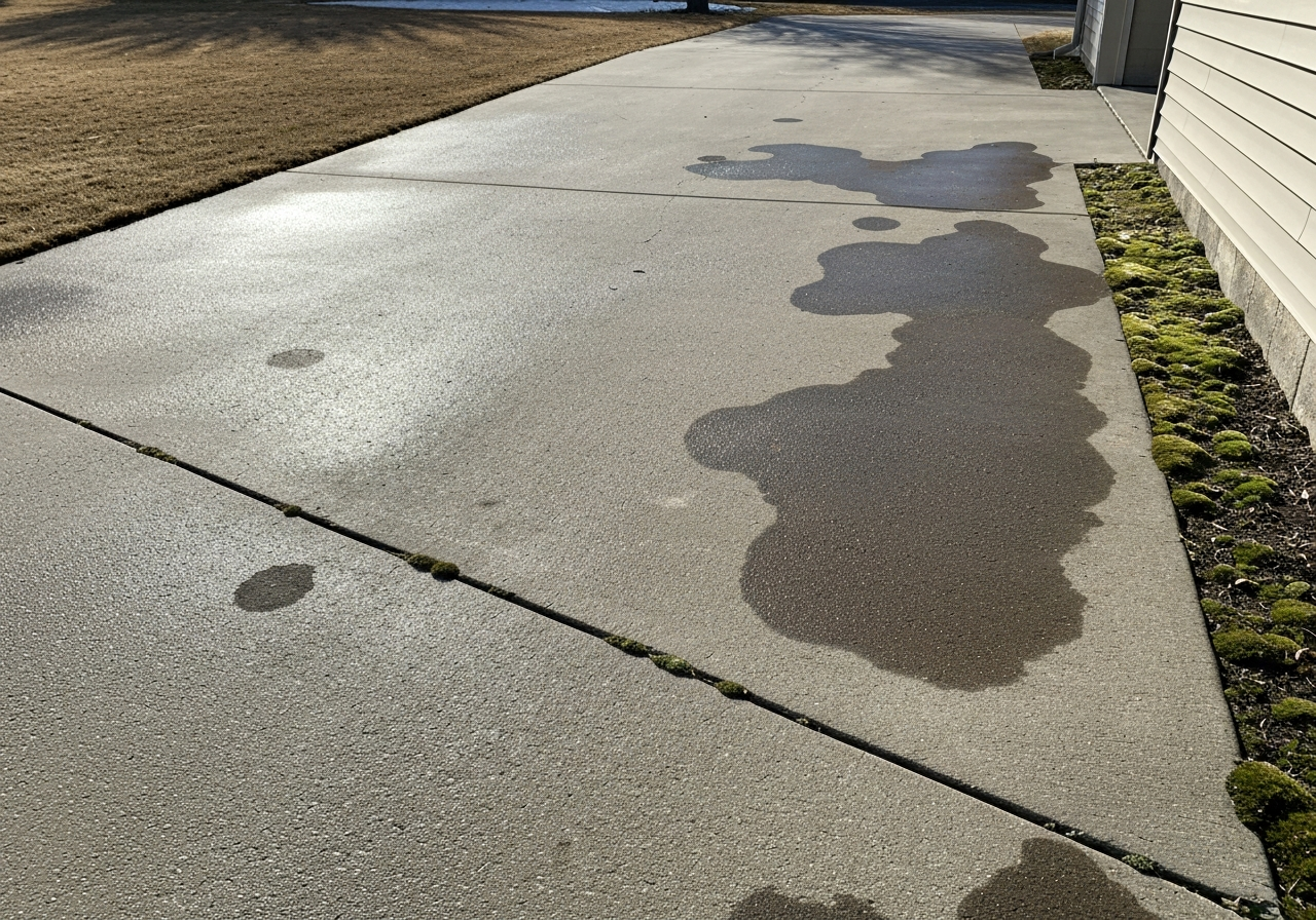 Driveway with visible winter film, oil spots, and moss along the shaded edge before washing