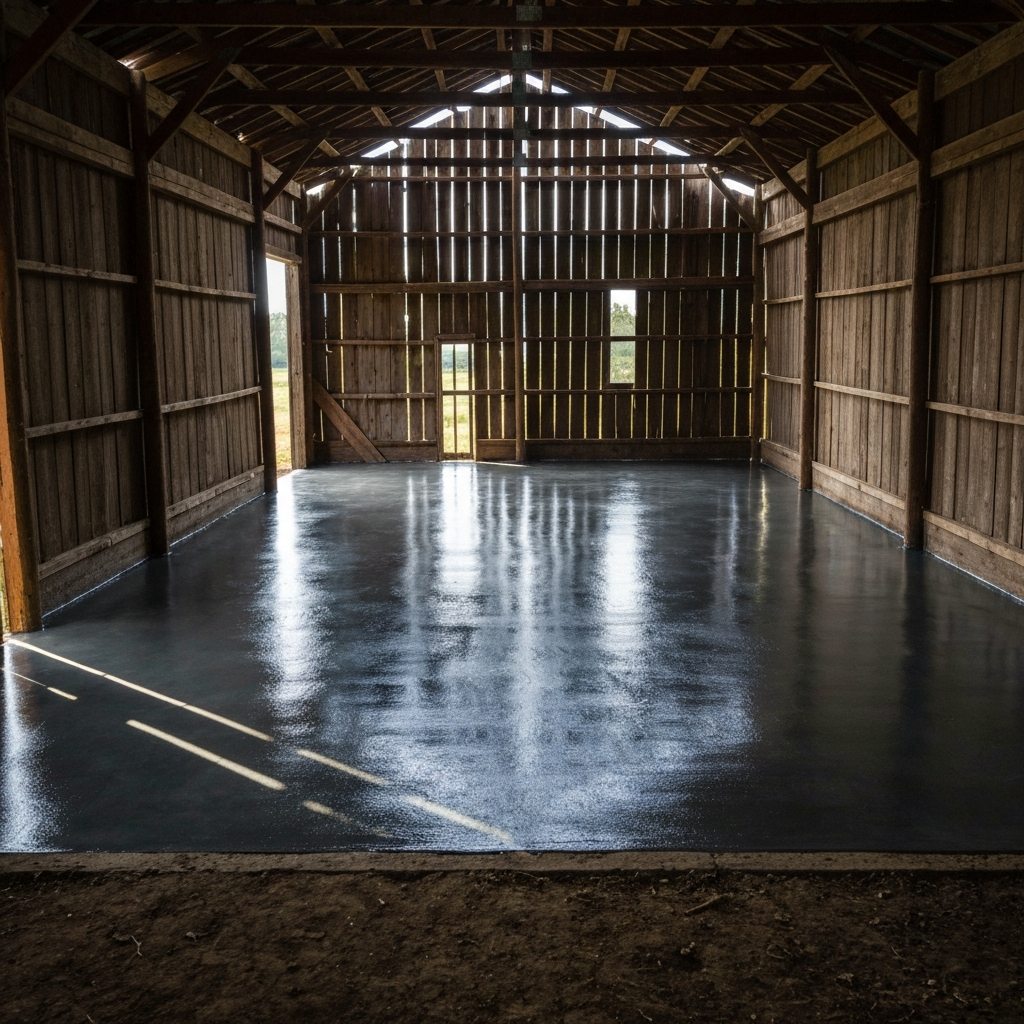 Epoxy garage floor in a farm outbuilding