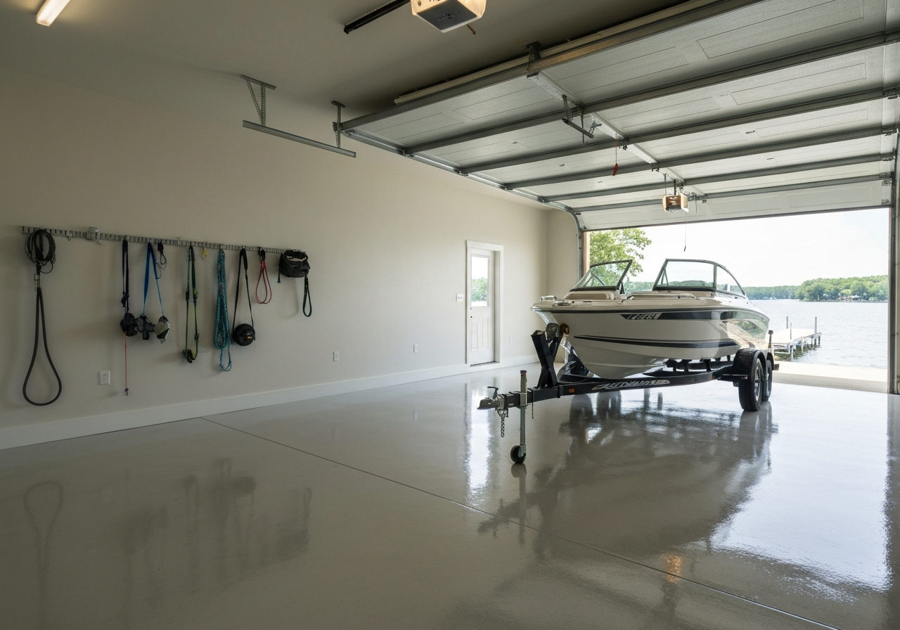 Lake-home garage with coated floor, boat trailer parked inside, dock gear organized along the wall