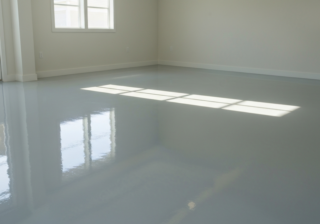 Sunlit garage interior with a pale-gray high-gloss coated floor and crisp window light reflections