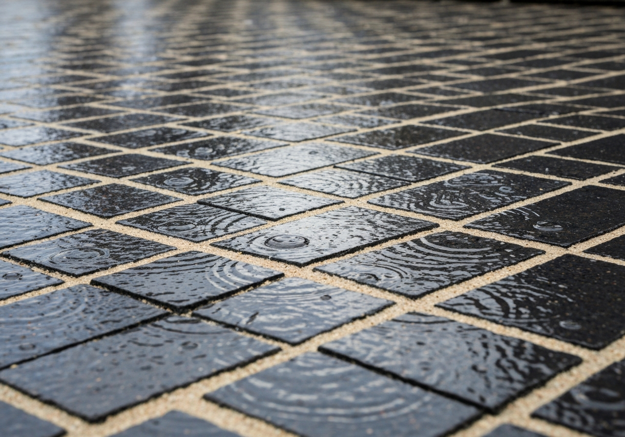 Close-up of freshly sealed driveway pavers with crisp sand joints, water beading