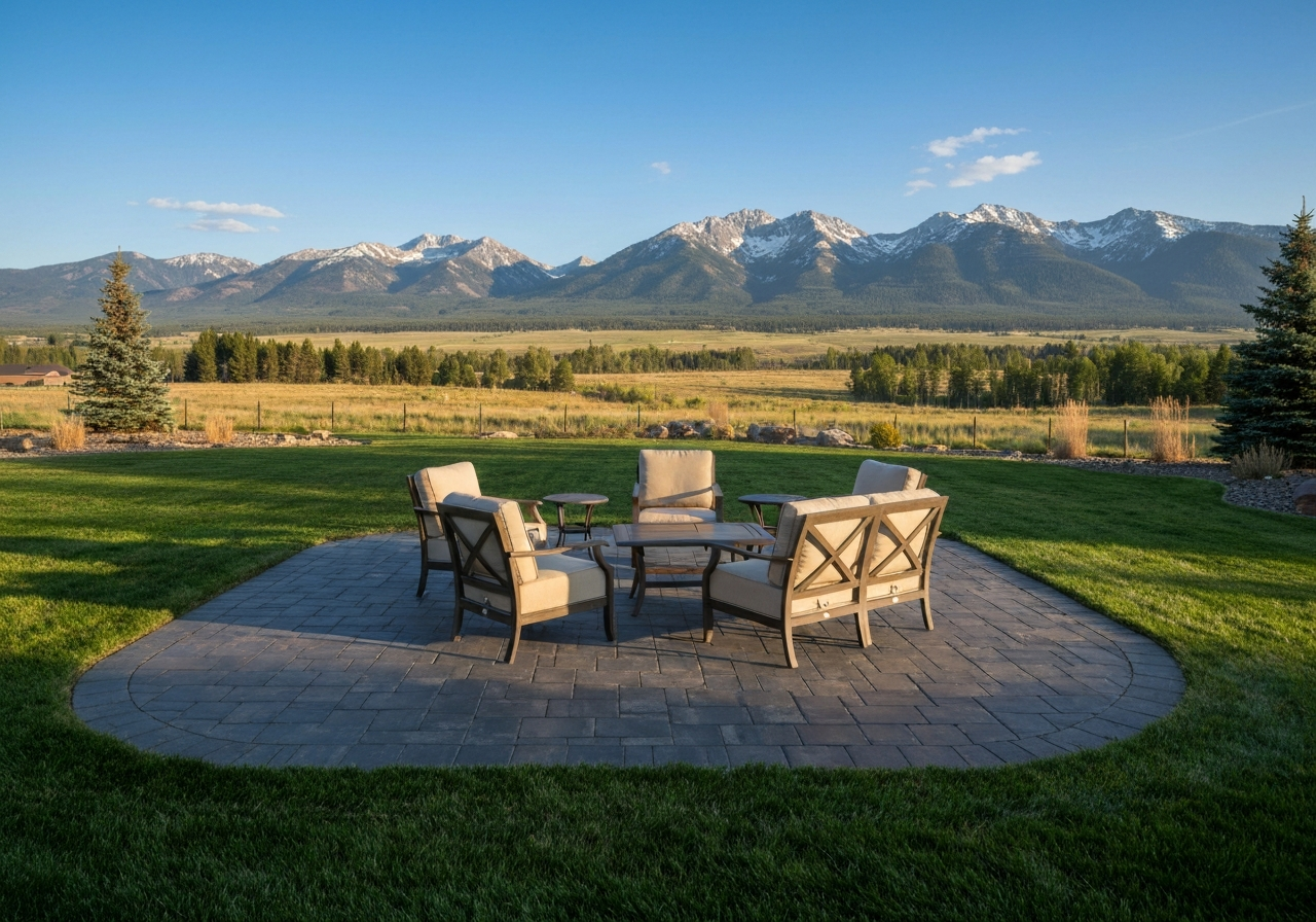 Finished sealed paver patio with patio furniture in a Montana backyard