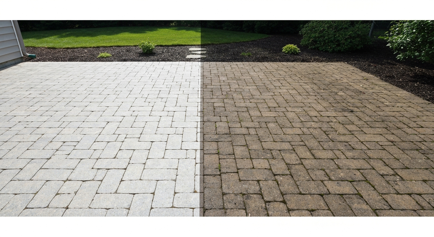Photorealistic controlled surface-cleaning of a paver patio, half cleaned and vivid vs half dirty, Flathead Valley backyard