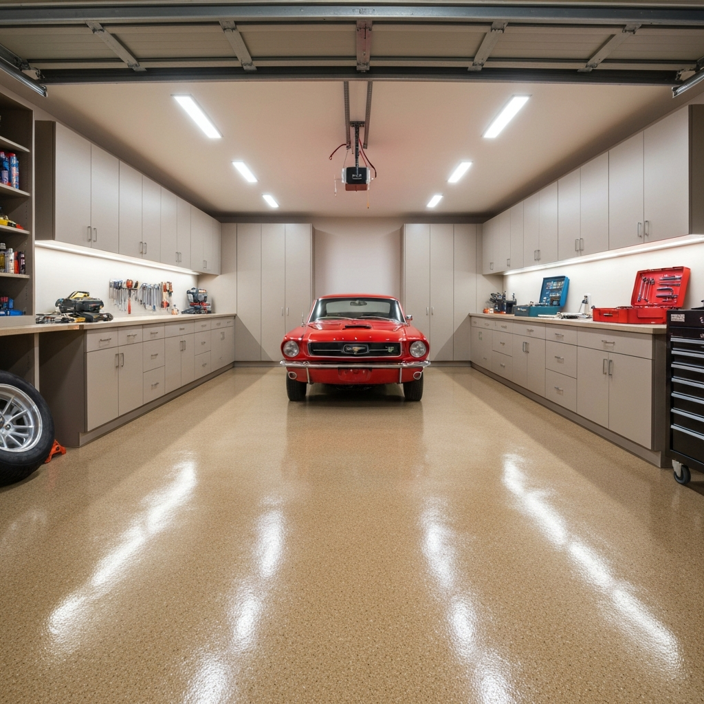 Organized residential garage with a tan flake-coated epoxy floor
