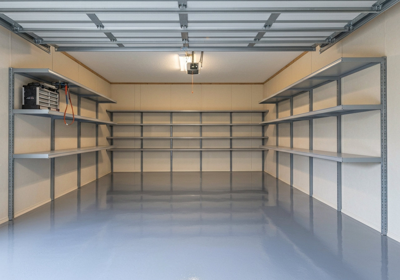 Manufactured-home garage with a clean coated floor, storage shelving along the wall