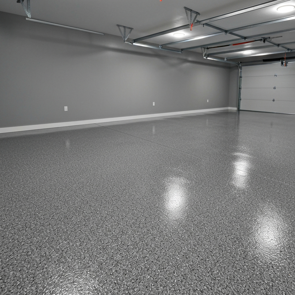Decorative flake garage floor showing a medium gray-and-charcoal flake blend, glossy and clean
