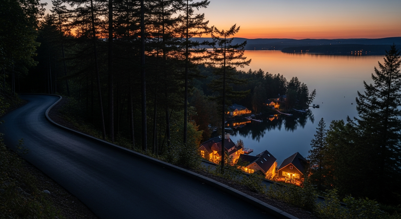 Dusk on the west shore, a sealed hillside driveway winding down toward lit cottages and the dark lake