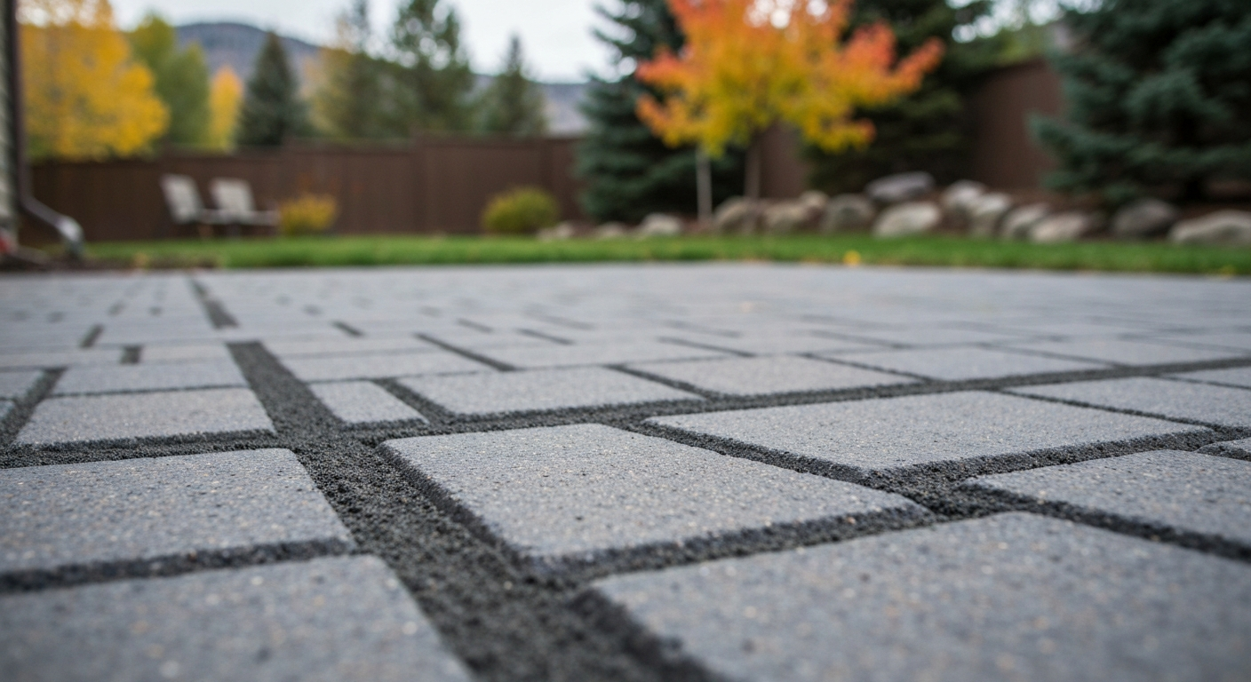 Photorealistic close-up of crisp stabilized polymeric sand joints between patio pavers, Montana backyard soft-focus behind