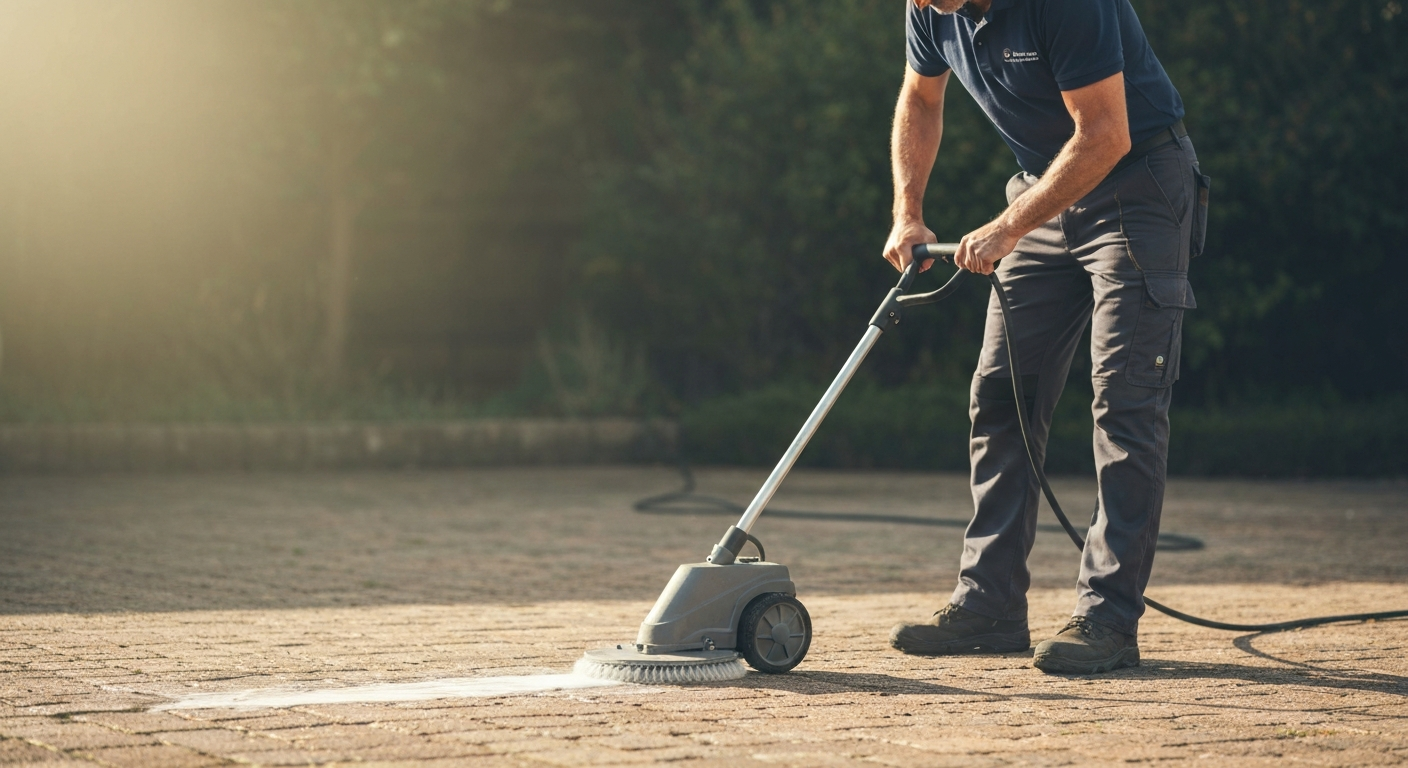 Technician using a surface cleaner attachment on pavers, gentle controlled wash