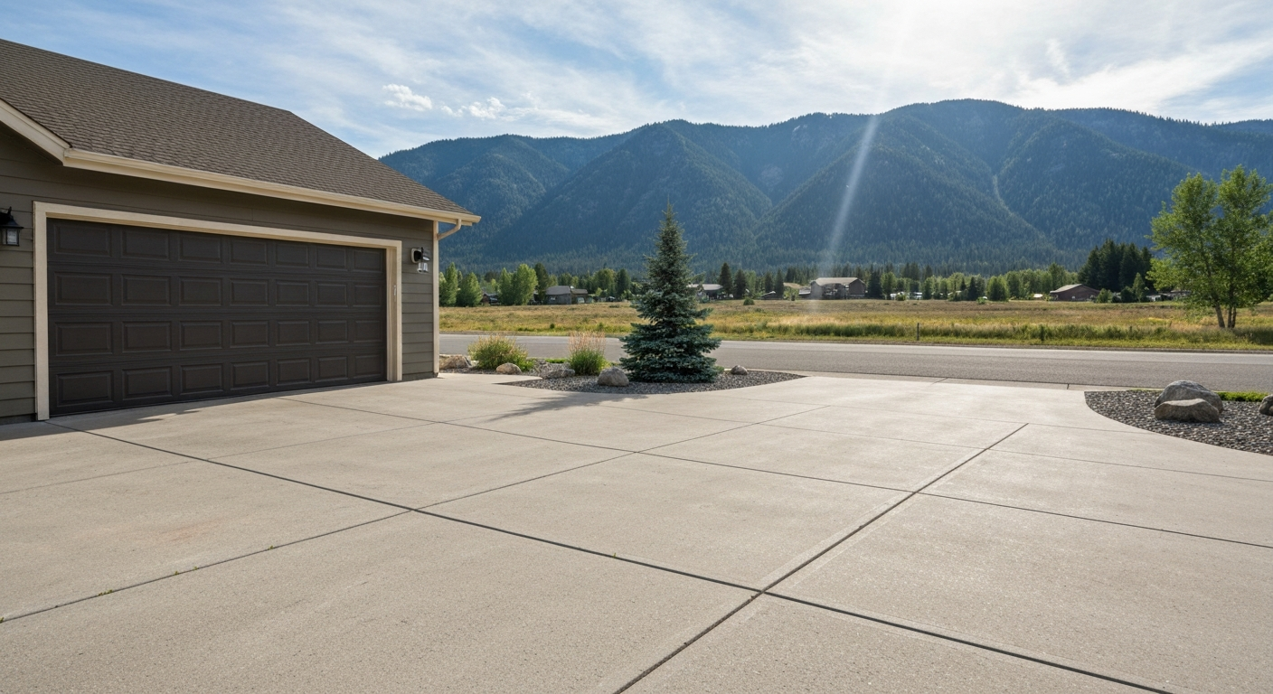 Clean Flathead Valley residential scene with well-kept coated garage floor and sealed concrete driveway