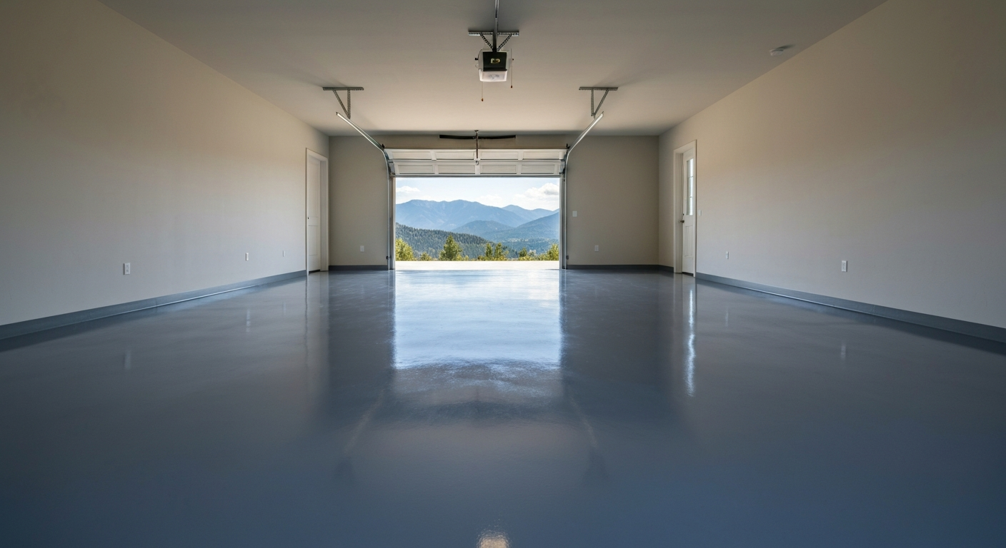 Photorealistic immaculate two-car residential garage with a charcoal-gray solid-color high-gloss epoxy floor reflecting overhead light