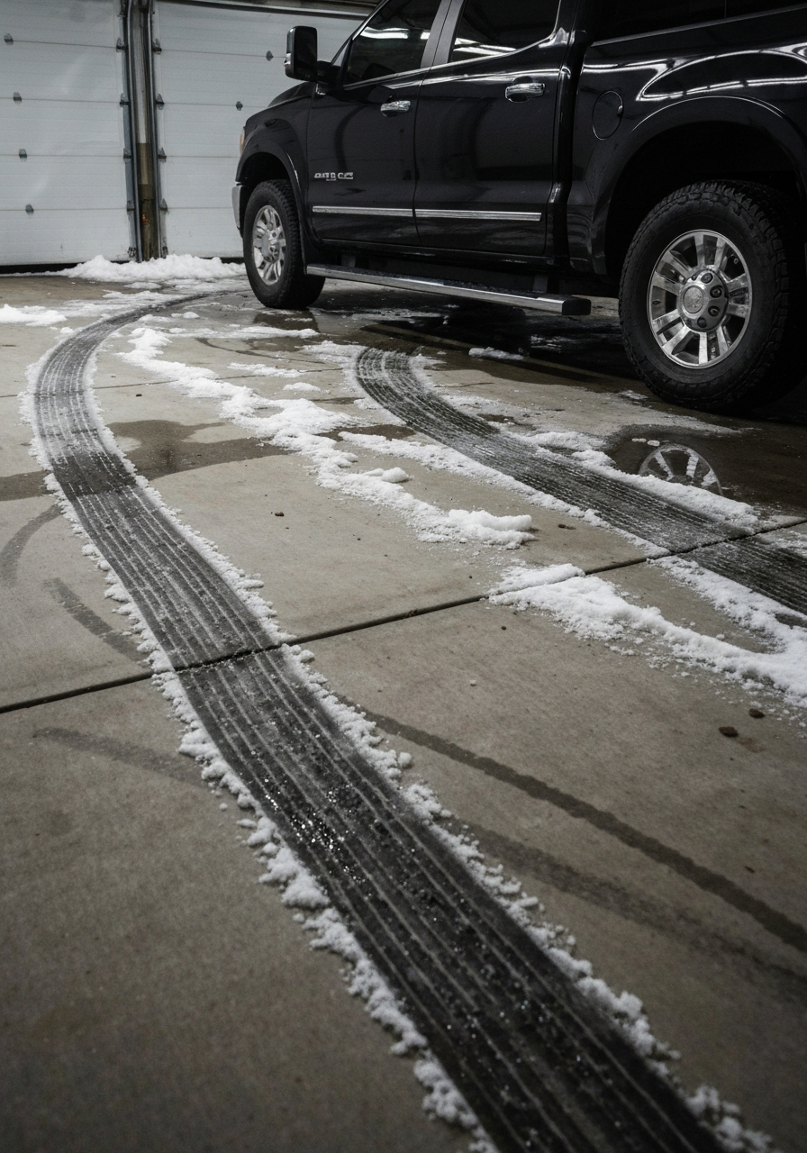 Bare garage slab with scrape marks and salt rings