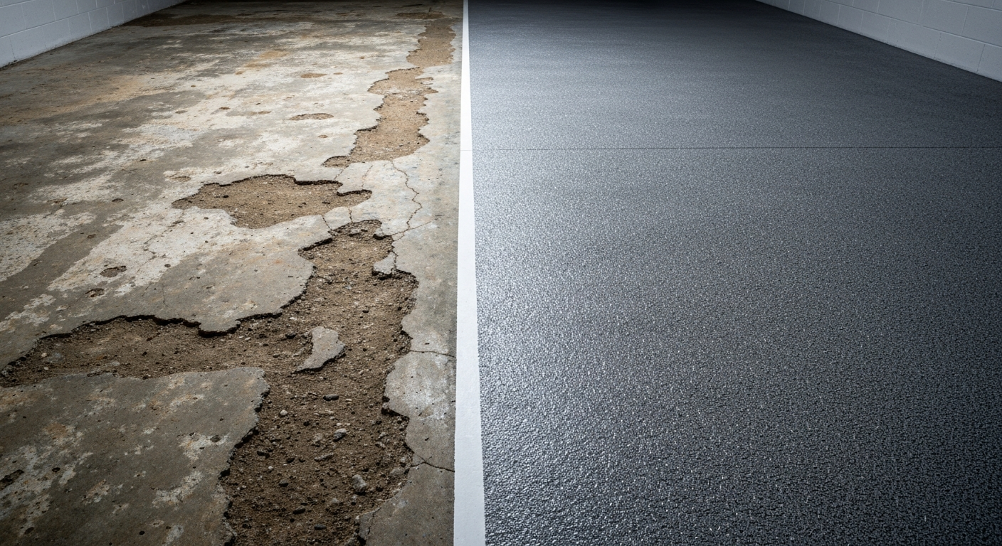 Photorealistic dramatic half-and-half garage floor — one side worn bare concrete with pitting and salt damage, the other side freshly restored with a smooth gray flake-coated finish
