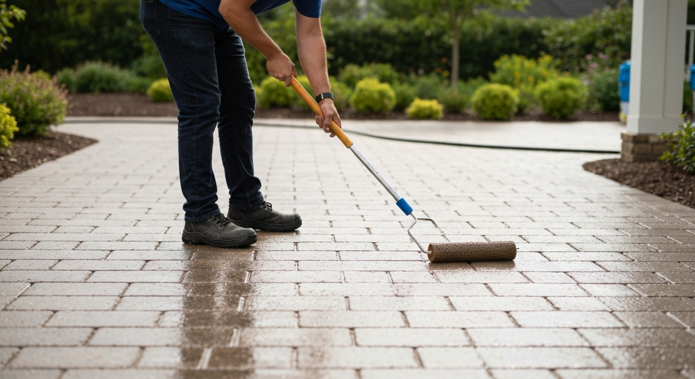 Applying sealer to a clean paver walkway in Kalispell