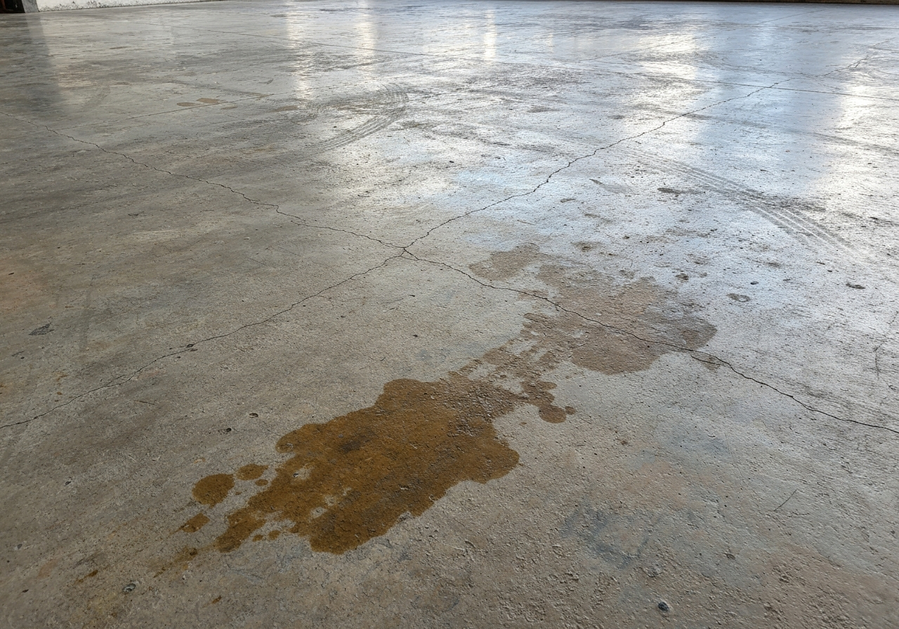 Worn, cracked, oil-stained bare commercial warehouse/shop slab before coating