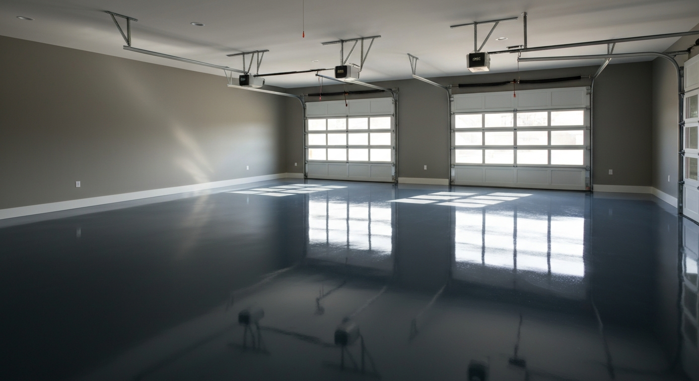 Clean two-car garage with a charcoal solid-color high-gloss epoxy floor