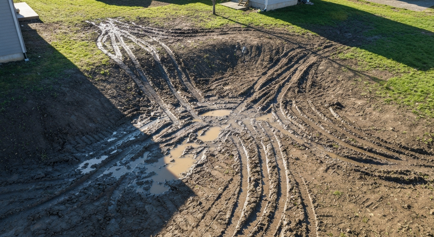 Bare unusable backyard slope before hardscaping, muddy uneven ground