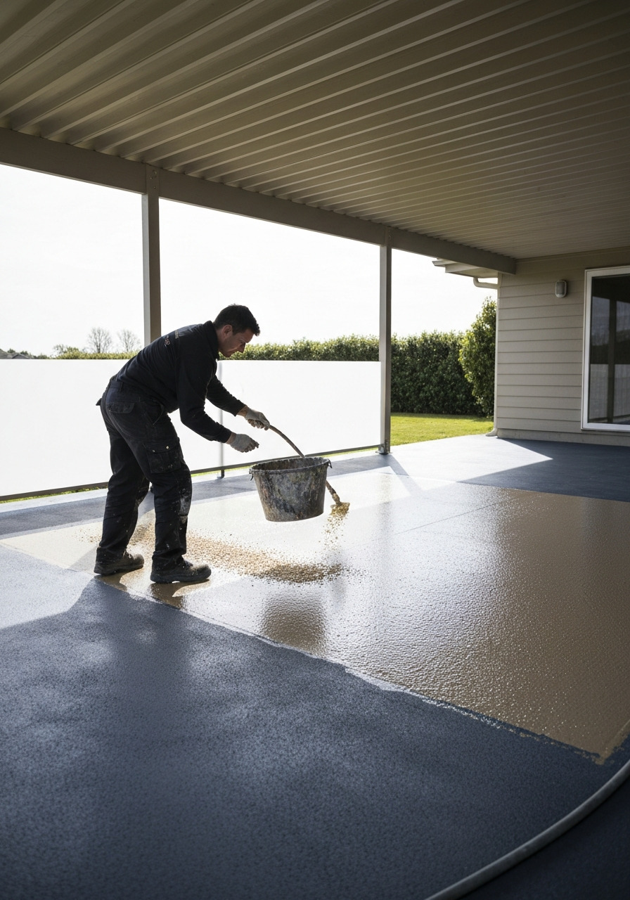 Technician broadcasting flake onto a wet base coat across a covered patio floor