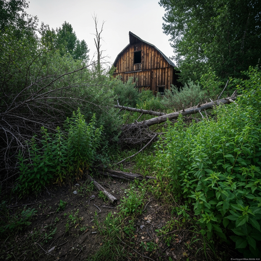 Overgrown rural lot choked with brush, deadfall, and dense undergrowth blocking access near a home or outbuilding