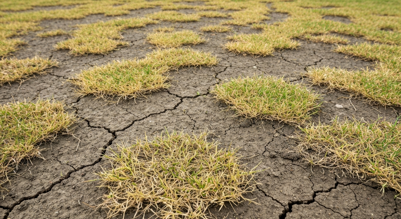 Patchy bare-dirt yard with thin failing grass, poor soil, compacted ground