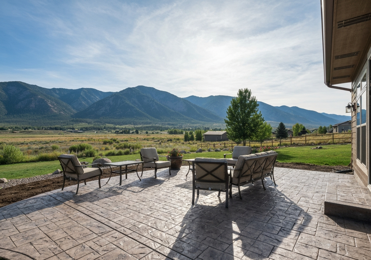 Finished stamped or coated concrete patio with patio furniture, Montana backyard, mountains beyond