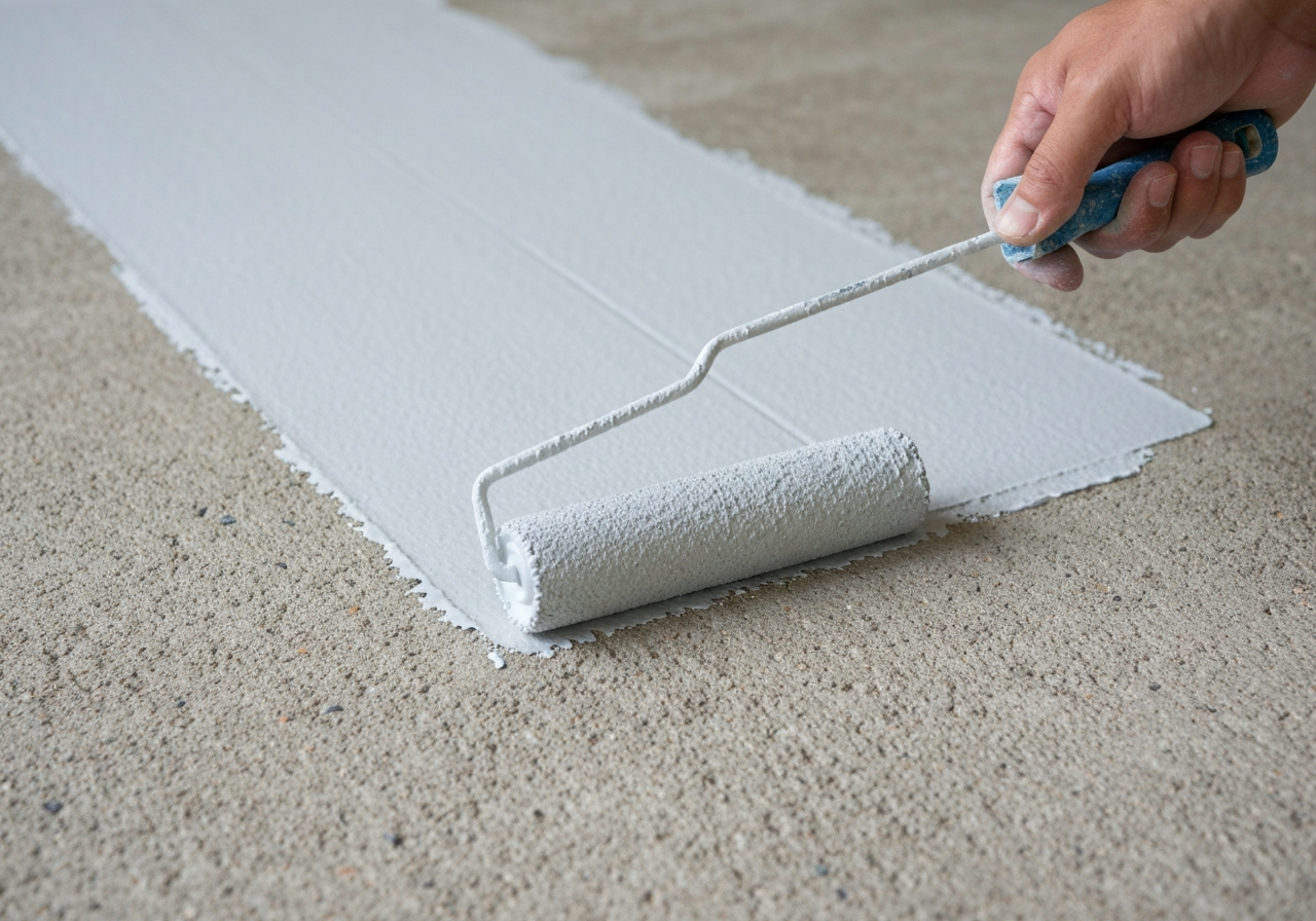 Hand roller applying thin gray floor paint from a tray onto bare concrete