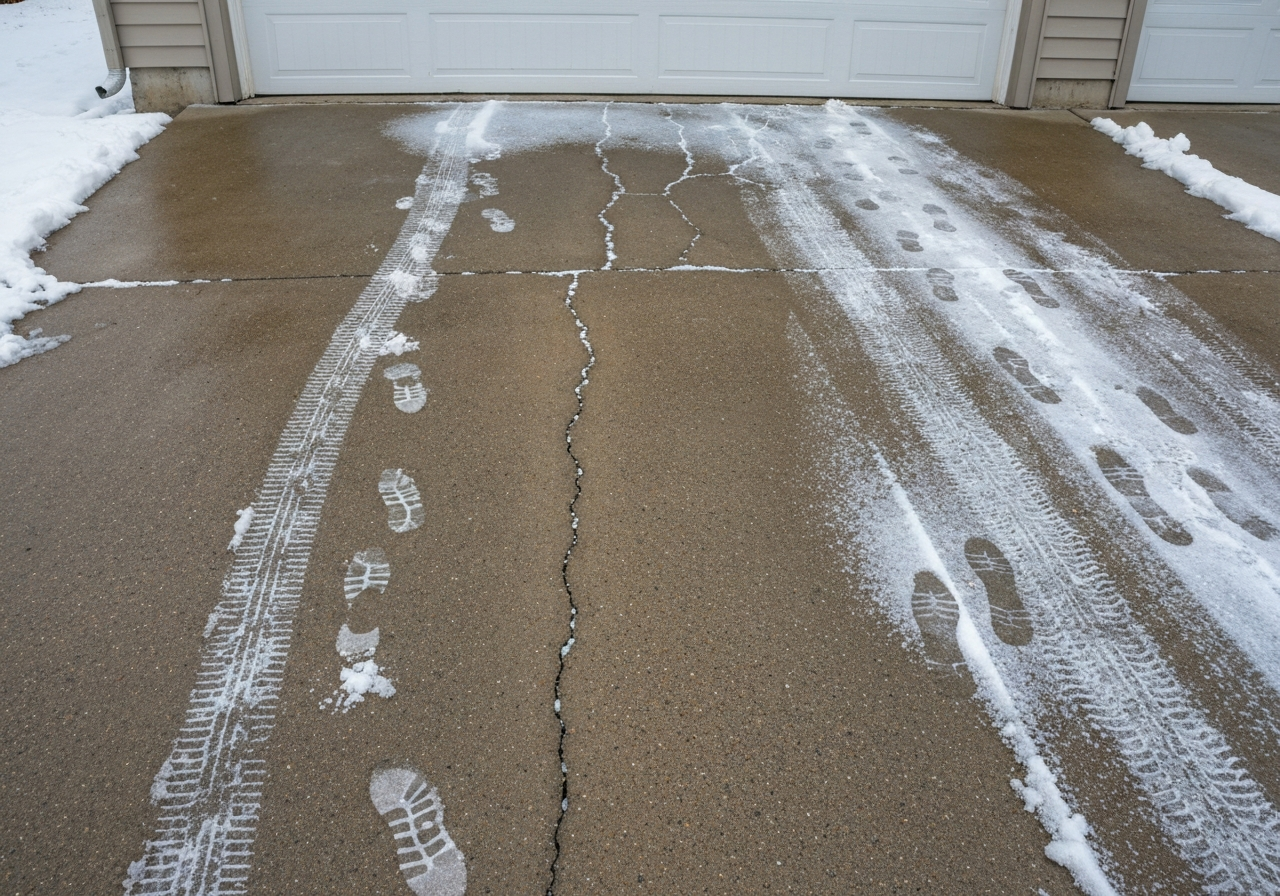 Older Evergreen garage slab with dusting, hairline cracks, and salt residue near the overhead door, winter slush tracked in