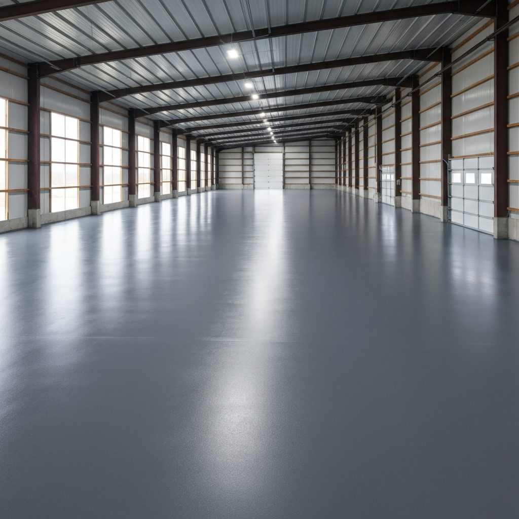 Clean, freshly coated floor in a large pole barn or agricultural building